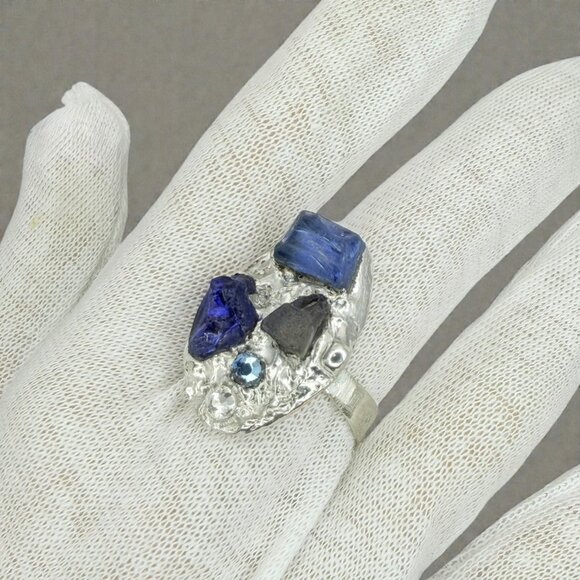 Studio Crafted Brutalist Blue Multi- Sea Glass & Crystal Statement Ring Size 9 - Picture 5 of 16